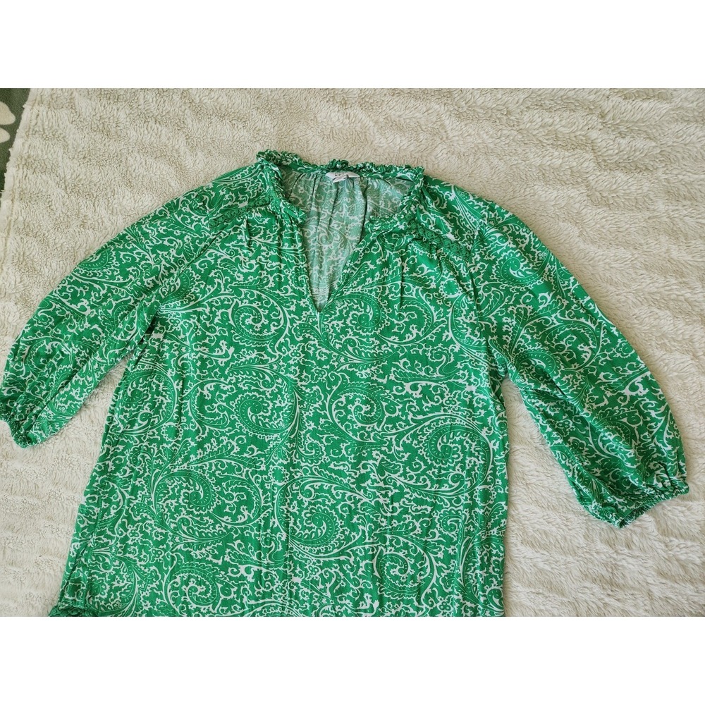 Crown & Ivy Petite Large Green White Paisley Ruffle Hem Tunic Dress 3/4...